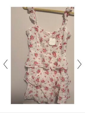 Altard State White Floral Ruffle Sundress with Pink Rose Print